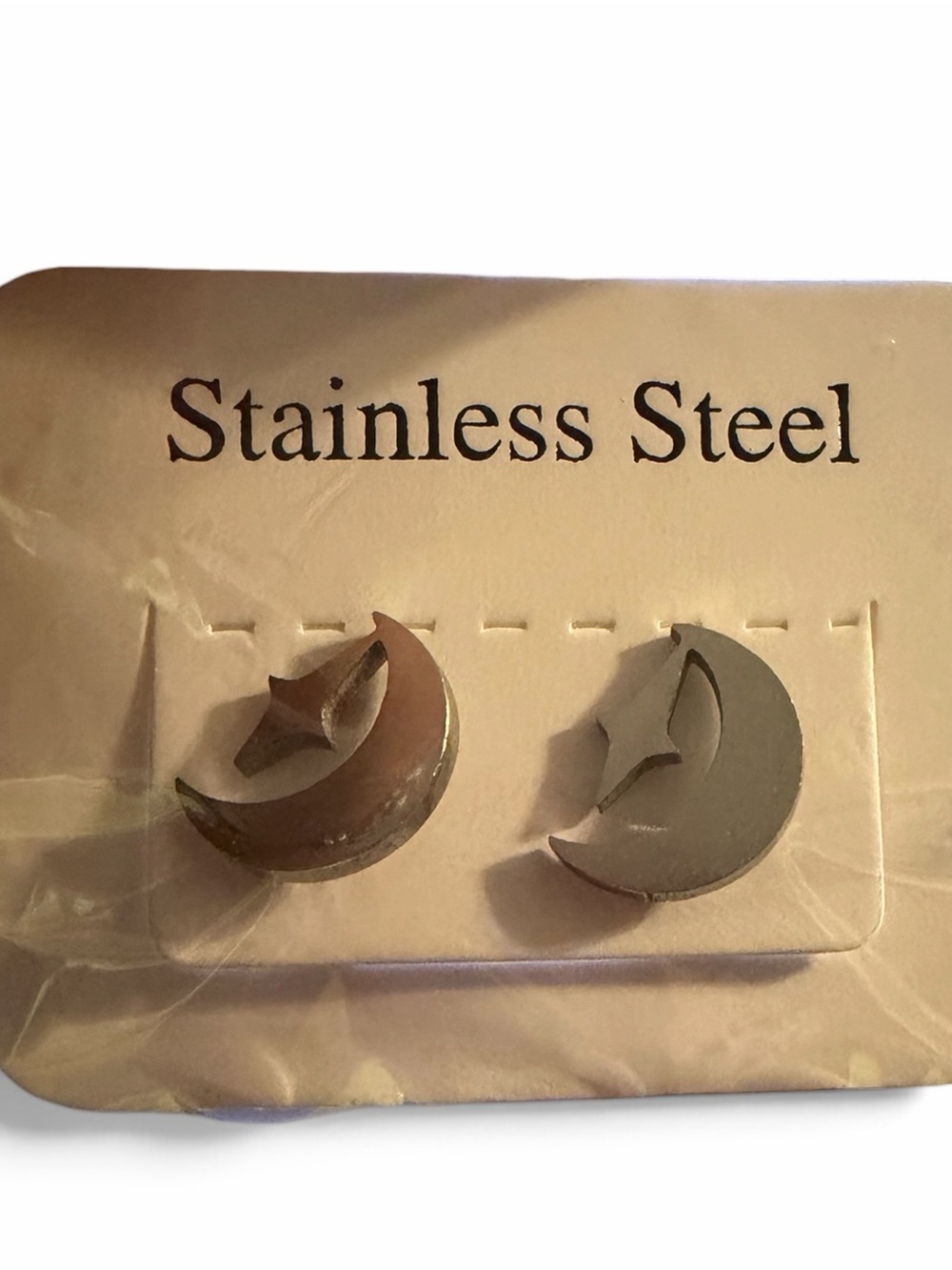 Stainless Steel Crescent Moon & Star Stud Earrings - Silver
